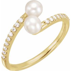 14K Yellow Gold Cultured White Freshwater Pearl & 1/6 CTW Natural Diamond Bypass Ring