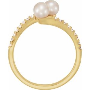 14K Yellow Gold Cultured White Freshwater Pearl & 1/6 CTW Natural Diamond Bypass Ring