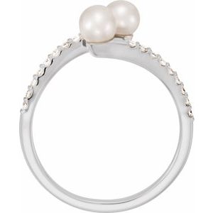 14K White Gold Cultured White Freshwater Pearl & 1/6 CTW Natural Diamond Bypass Ring