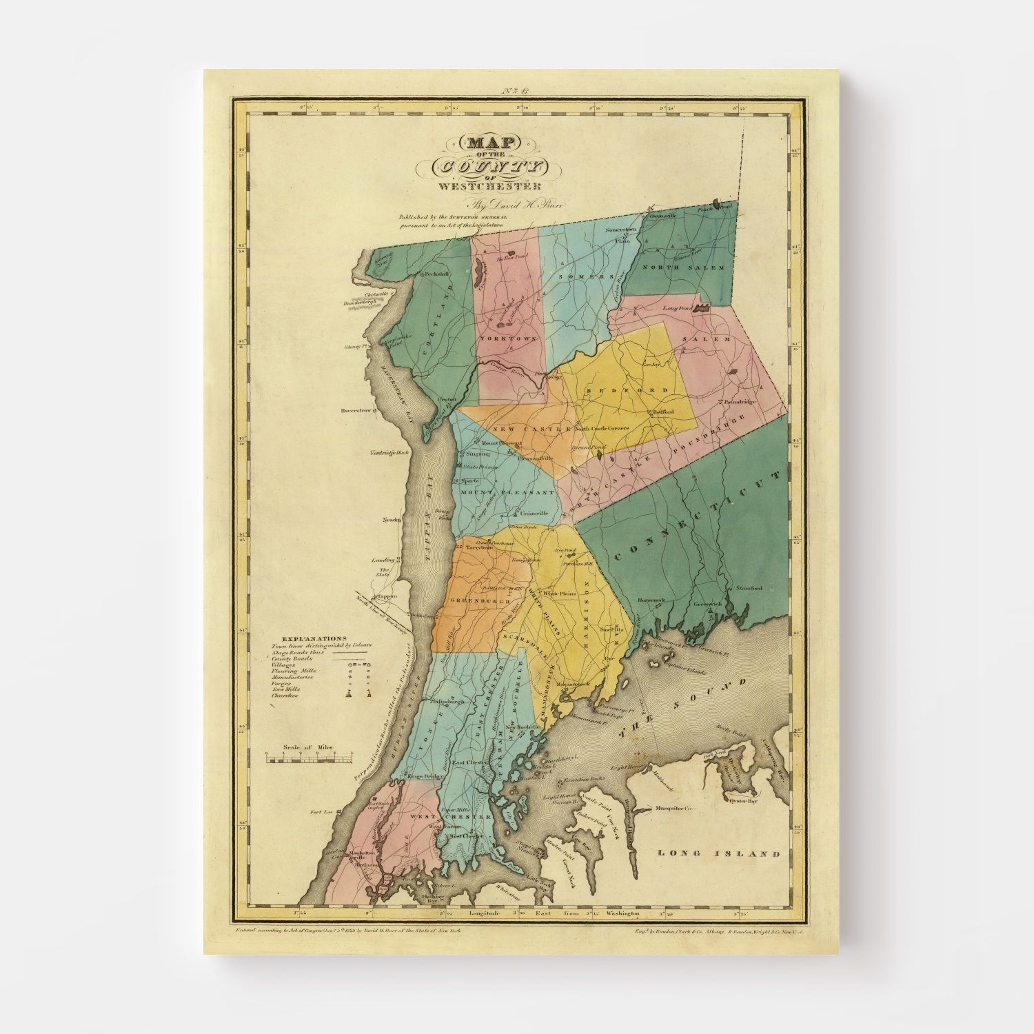 Vintage Map of Westchester County, New York 1829