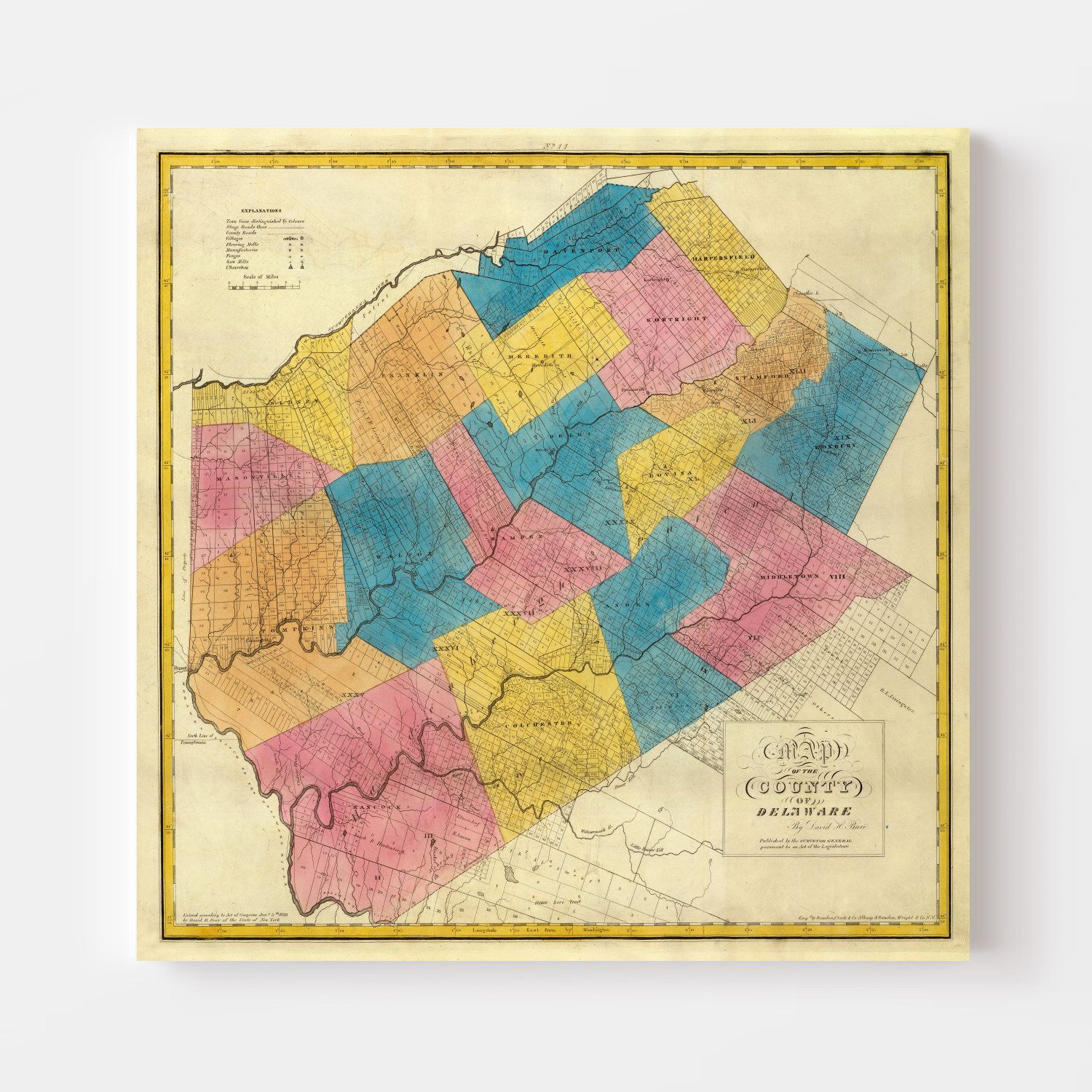 Vintage Map of Delaware County, New York 1829