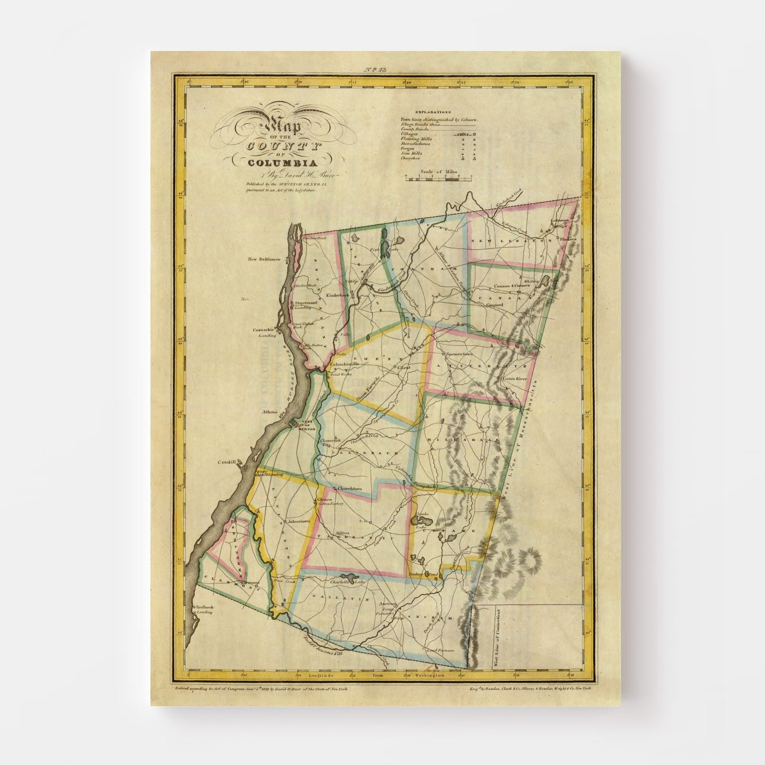 Vintage Map of Columbia County, New York 1829