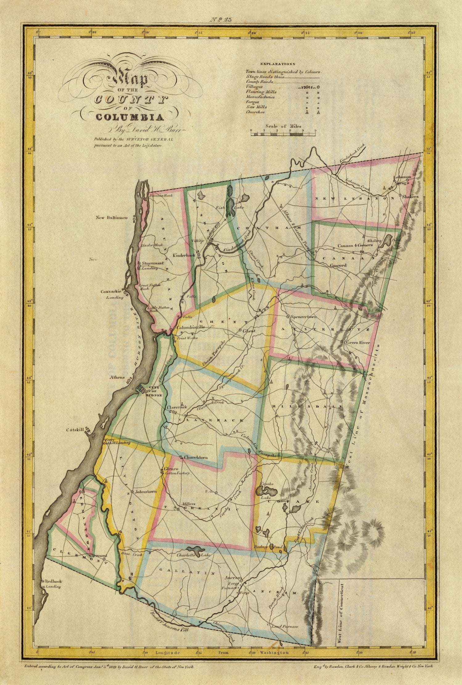 Vintage Map of Columbia County, New York 1829