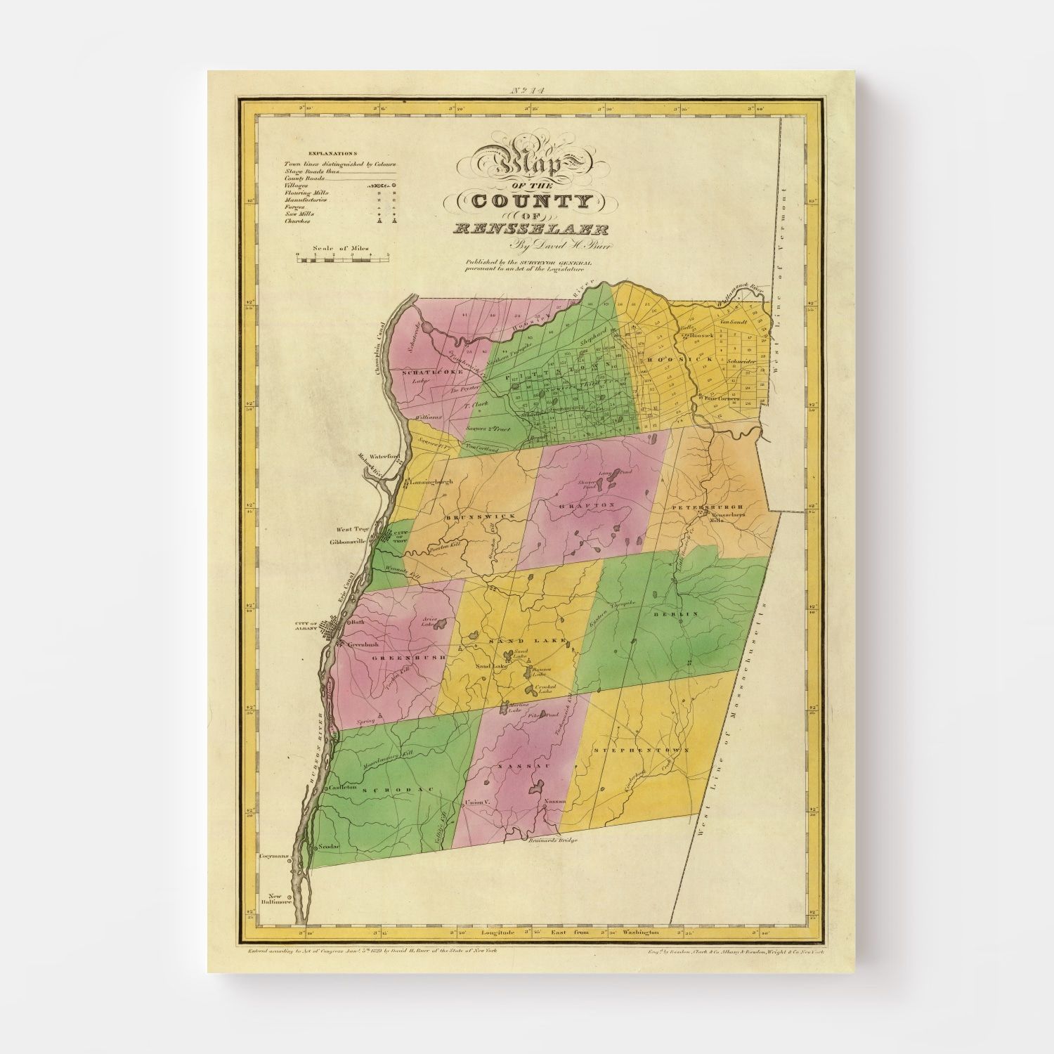Vintage Map of Rensselaer County, New York 1829