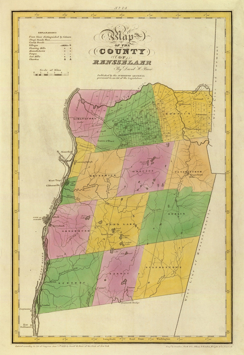 Vintage Map of Rensselaer County, New York 1829
