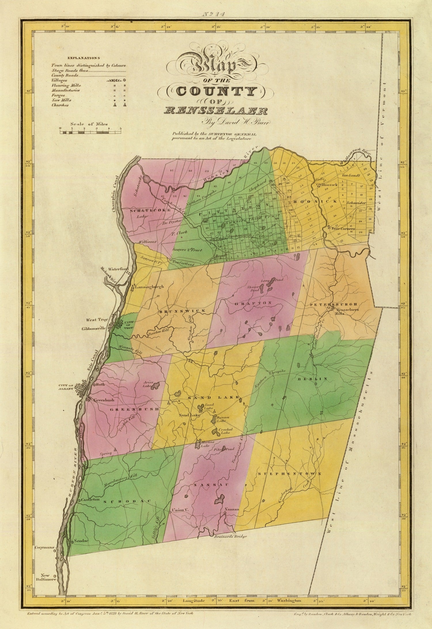 Vintage Map of Rensselaer County, New York 1829