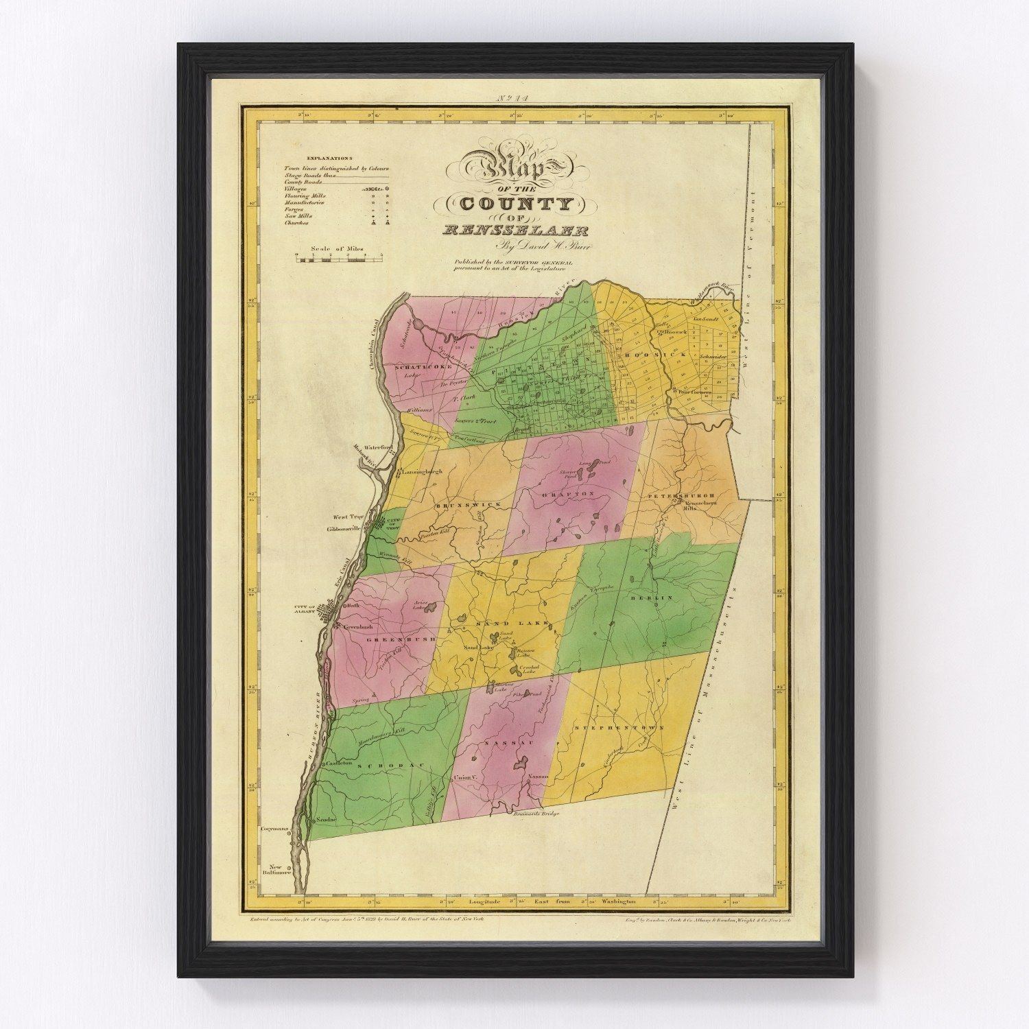 Vintage Map of Rensselaer County, New York 1829