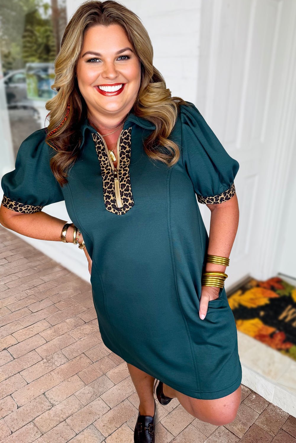 Plus Size Leopard Patchwork Quarter-Zip Collared Dress