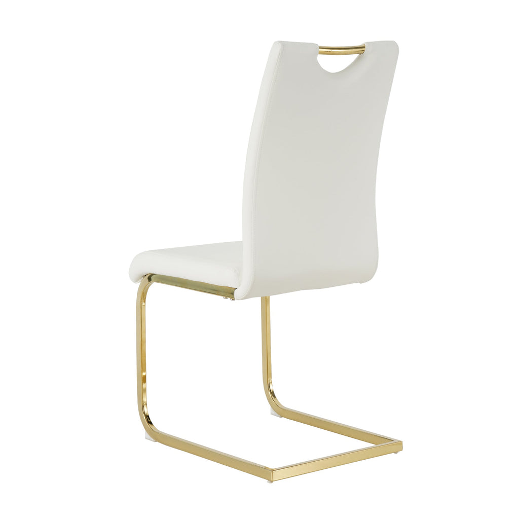 Modern style glass dining table, elegant transparent design, sturdy stainless steel base, White dining chair set, with gold-plated chair legs, suitable for dining room and kitchen (set of 7)