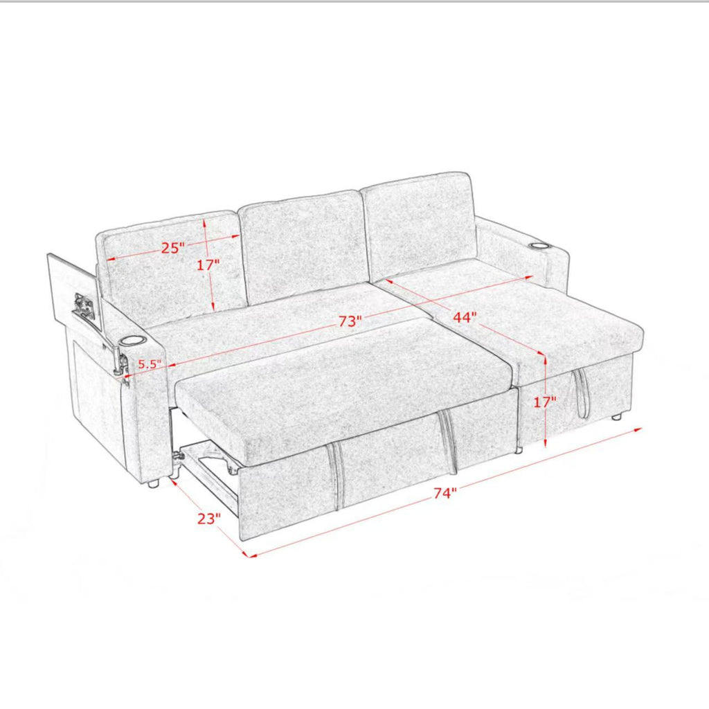 Modern Chenille Multi-functional Pull-Out Bed Sofa with Retractable Table and LED Lighting, USB Charging Ports and Cup Holders, Green