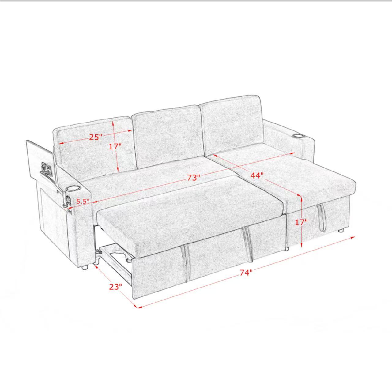 Modern Chenille Multi-functional Pull-Out Bed Sofa with Retractable Table and LED Lighting, USB Charging Ports and Cup Holders, Green