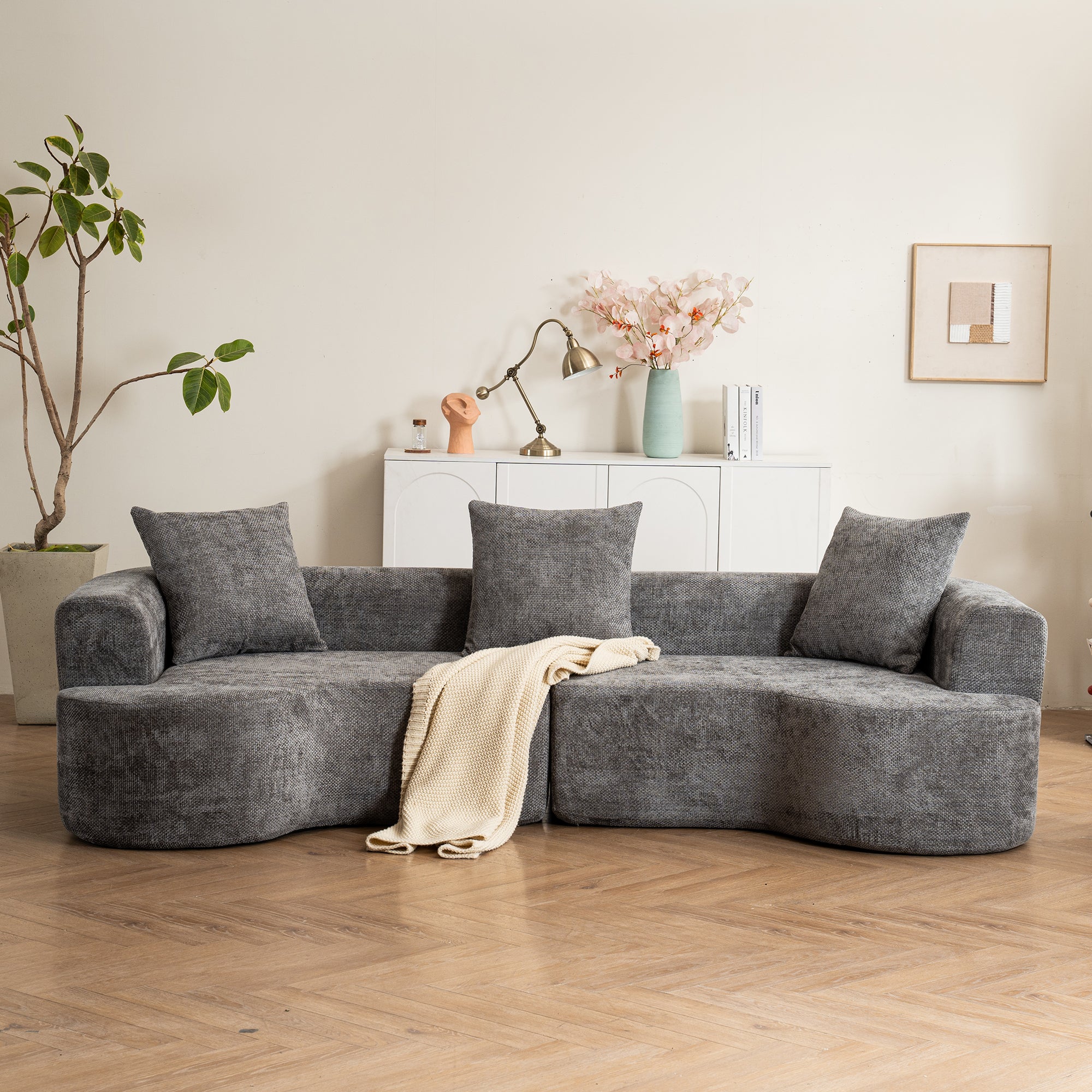 Modern Style Gray Curved Sofa, Soft Cushioned Corduroy Sofa with 3 Pillows, Living Room Cream White Super Smooth Curved Fabric Sofa