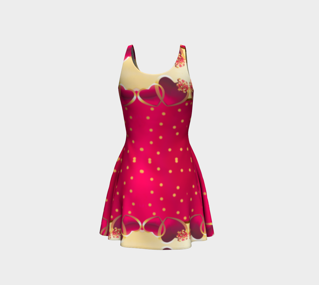 Golden Hearts on Red Background Flared Short Dress