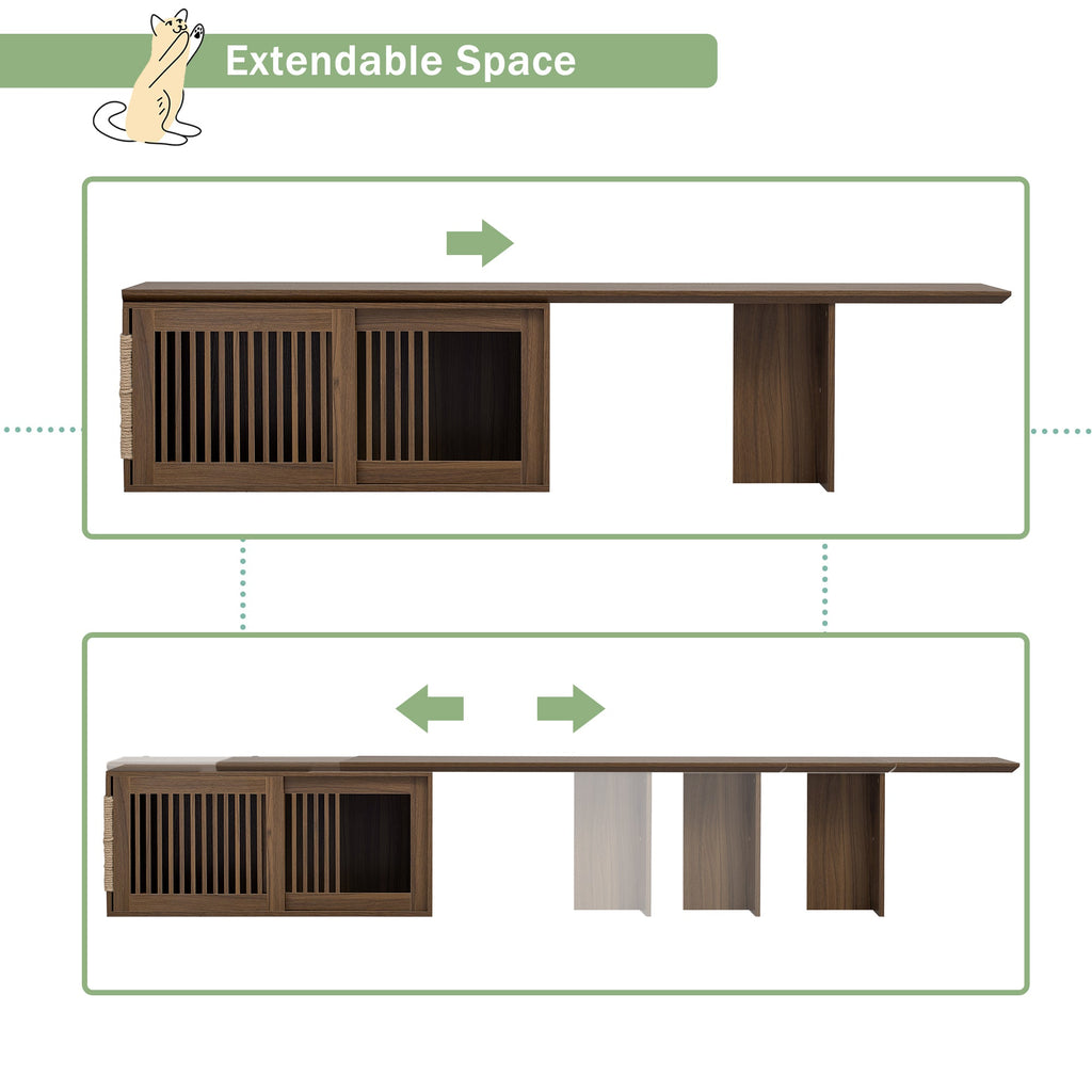 Mid-Century Modern 2 in 1 Cat Furniture Walnut TV Stand With Extendable table,  Litter Box Enclosure with Cat Scratcher