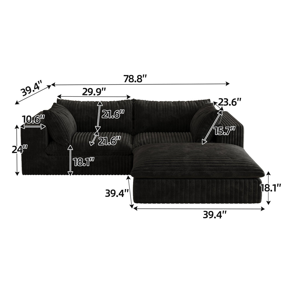 39.8' Cloud Sofa,Corduroy Fabric,Deep Seat Couches,Double-layer design,Removable  Cushion,No Assembly, DIY Combination for Living room, Bedroom,Conference room ,Apartment,Black