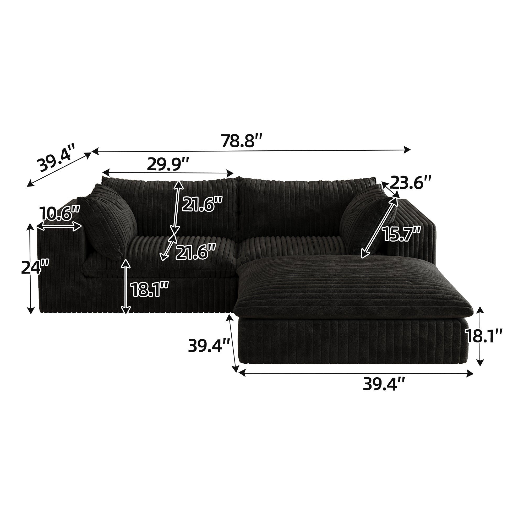 39.8' Cloud Sofa,Corduroy Fabric,Deep Seat Couches,Double-layer design,Removable  Cushion,No Assembly, DIY Combination for Living room, Bedroom,Conference room ,Apartment,Black