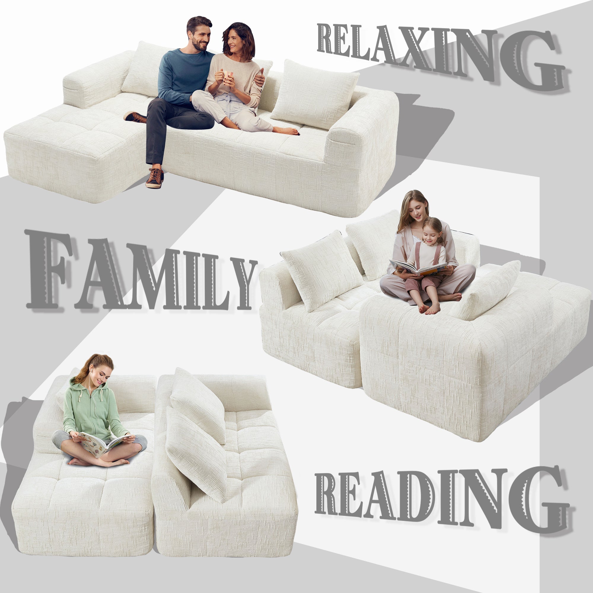UNITED WE WIN 98.42-inch modular sectional sofa, modern modular L-shaped sofa with chaise longue, equipped with small side pockets and free of compression during installation.