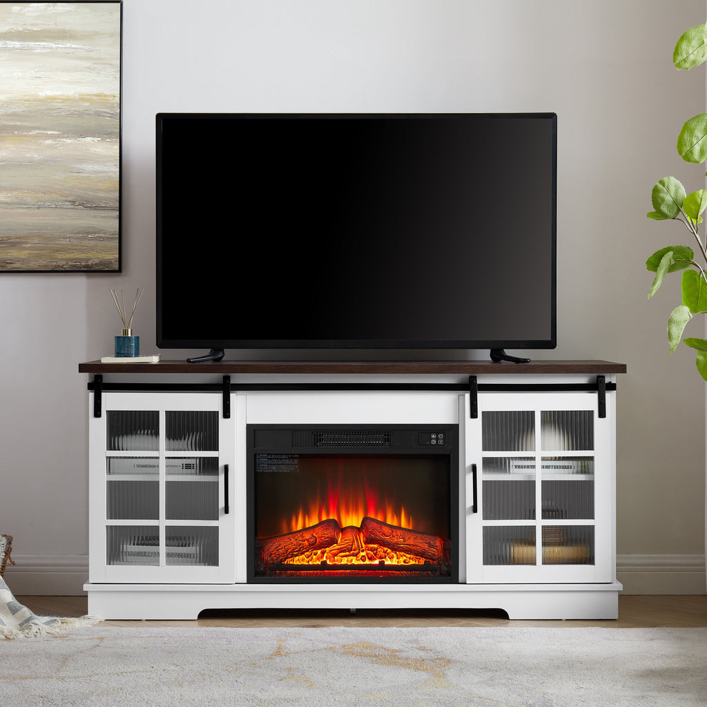 Multipurpose Sliding Door TV Cabinet Large Storage Cabinet with 2 Sliding Glass Doors, TV Storage Rack with 23' Fireplace TV Cabinet, WHITE+BROWN, 59.13'W*15.94'D*27.8'H