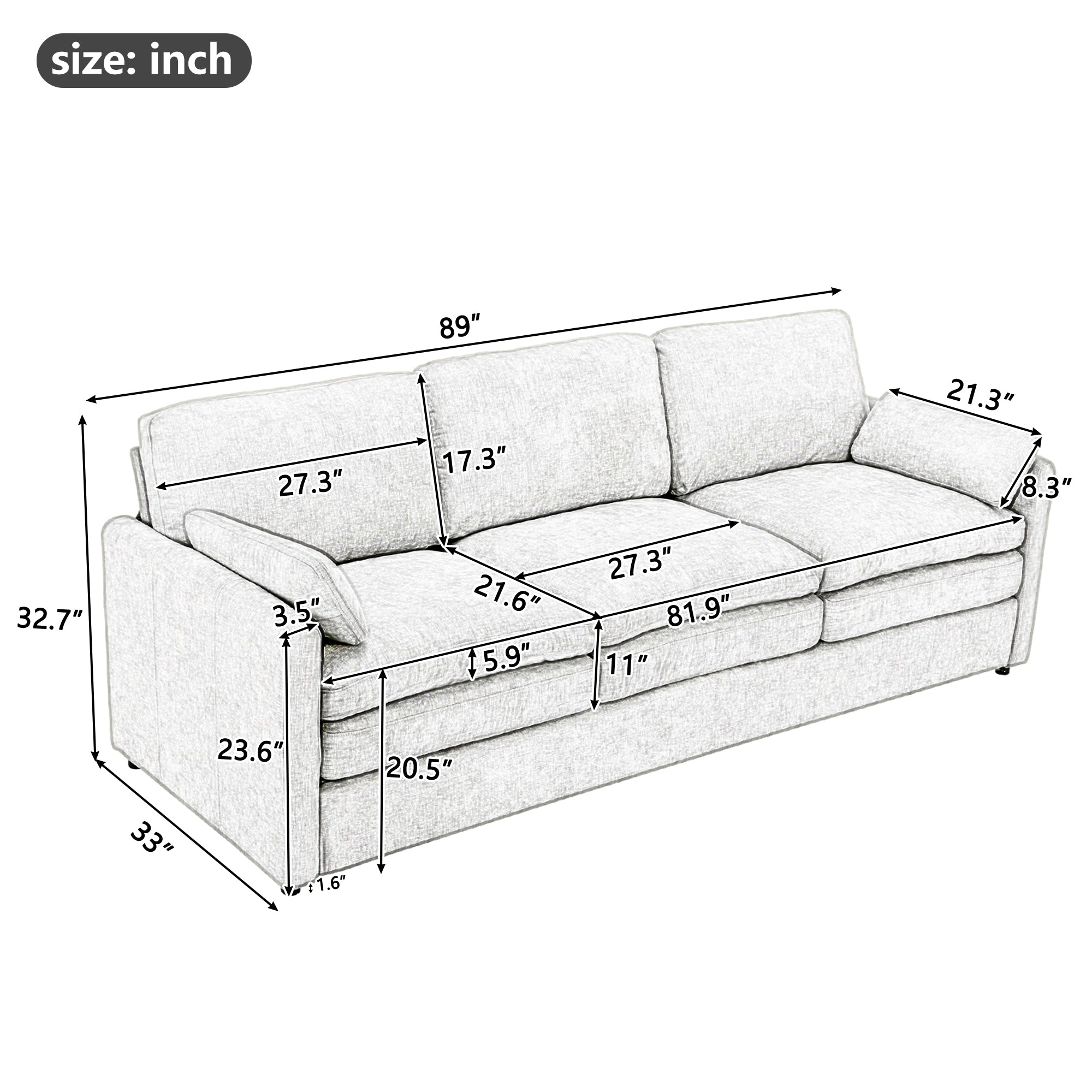 Cozy Upholstered Oversized 3-Seater Cloud Sofa with Double Cushion in Grey Chenille