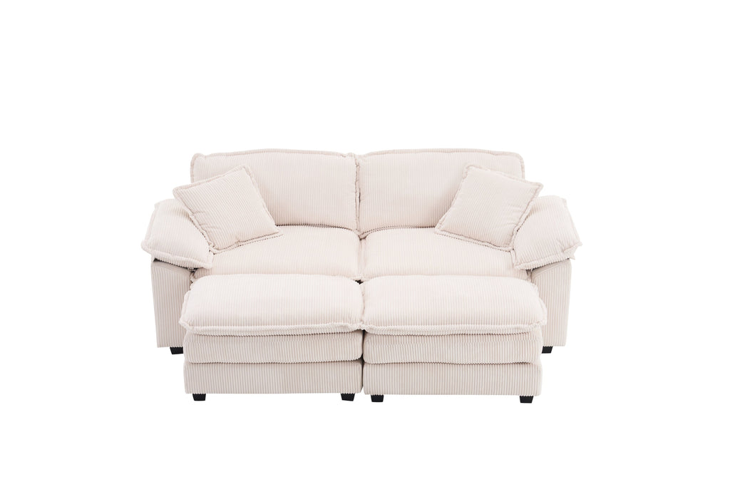 Corduroy 2-seats sofa With 2 back pillows,2 toss pillows and two ottoman,Comfy Sofa- Deep Seat Couch for Living Room,White