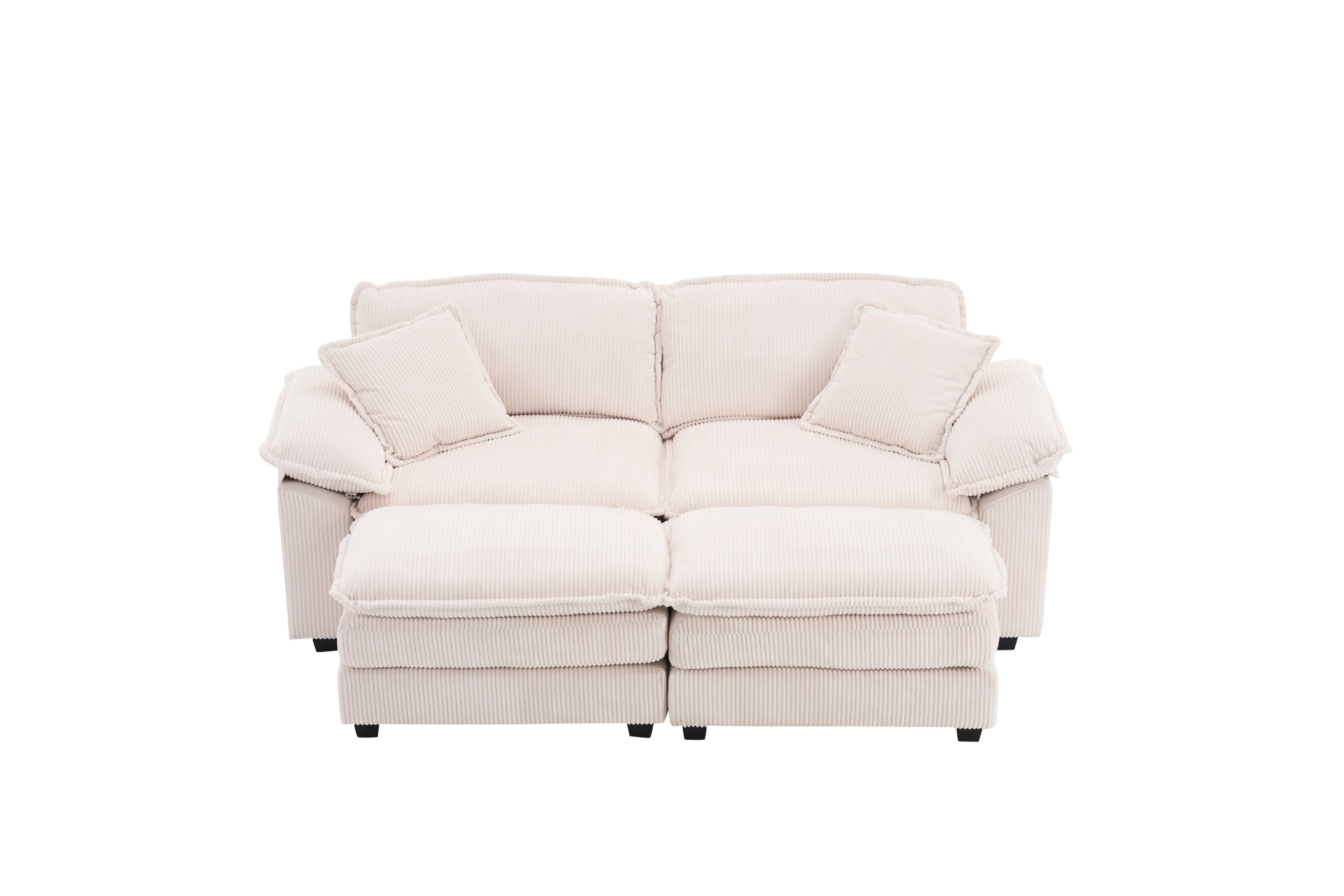Corduroy 2-seats sofa With 2 back pillows,2 toss pillows and two ottoman,Comfy Sofa- Deep Seat Couch for Living Room,White