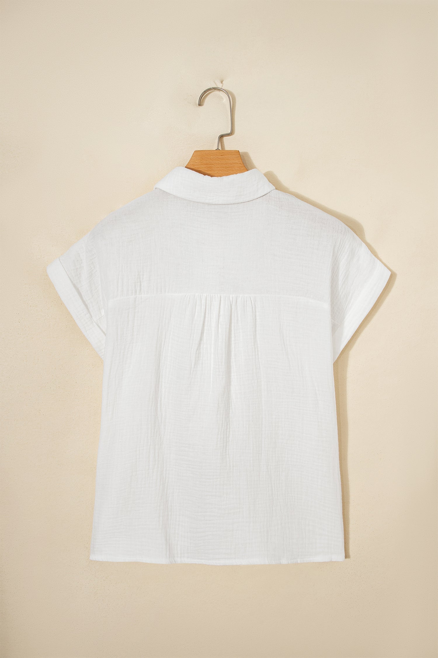 Solid Crinkle Textured Lace Trim Buttoned Shirt