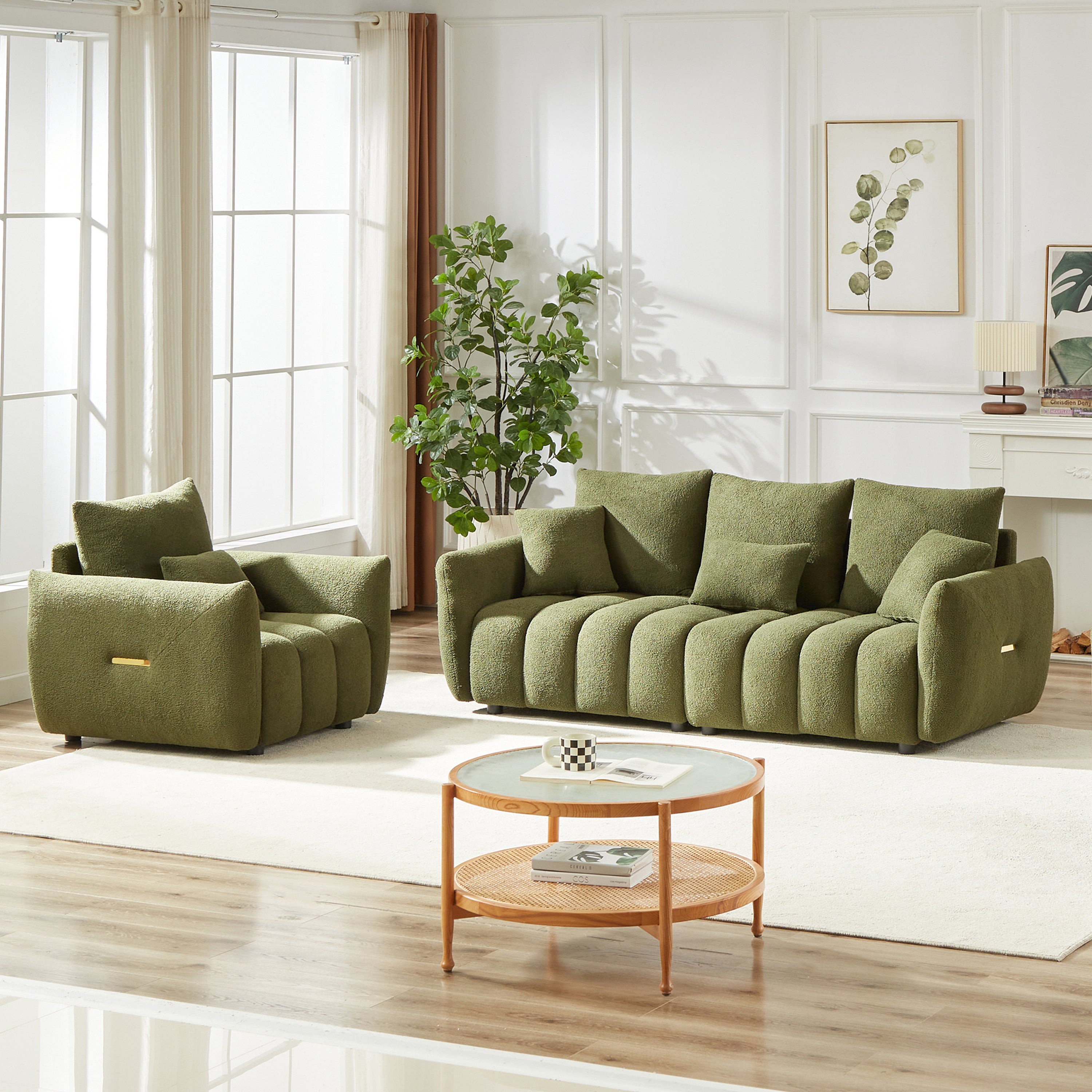 3 Seater + 1 Seater Combo Sofa Modern Living Room Sofa, Teddy Sofa, Wooden Frame, 4 Cushions, Apartment Sofa Furniture