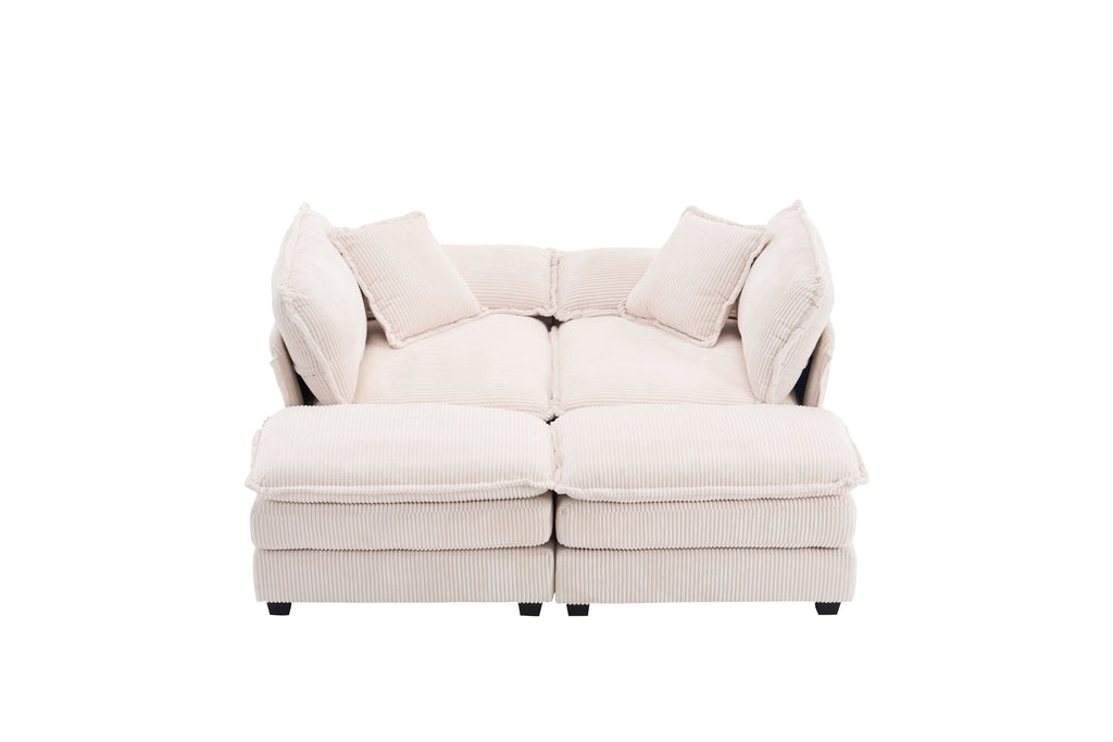Corduroy 2-seats sofa With 2 back pillows,2 toss pillows and two ottoman,Comfy Sofa- Deep Seat Couch for Living Room,White