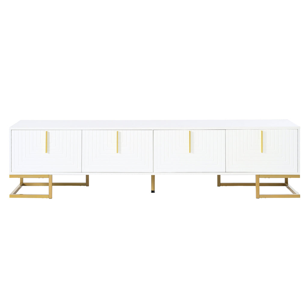 ON-TREND Modern TV Stand with Metal Legs and Gold Handles for TVs Up to 80'', Media Console Table with Cabinets and Adjustable Shelves, Luxury TV Cabinet with Geometric Lines for Living Room, White