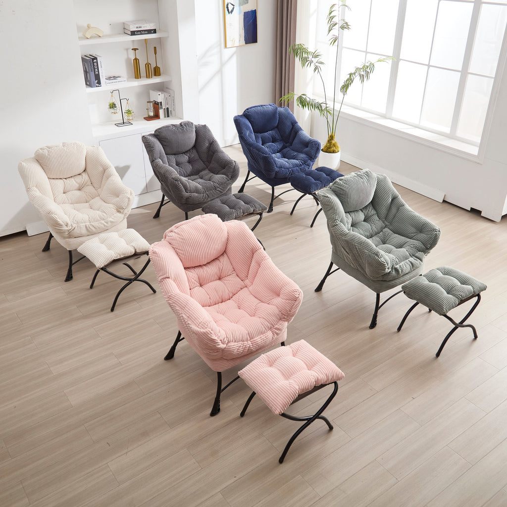 Lazy Chair with Ottoman, Modern Lounge Accent Chair with Armrests and a Side Pocket, Leisure Upholstered Sofa Chair Reading Chair with Footrest for Small Space, Corner Chair-Navy blue