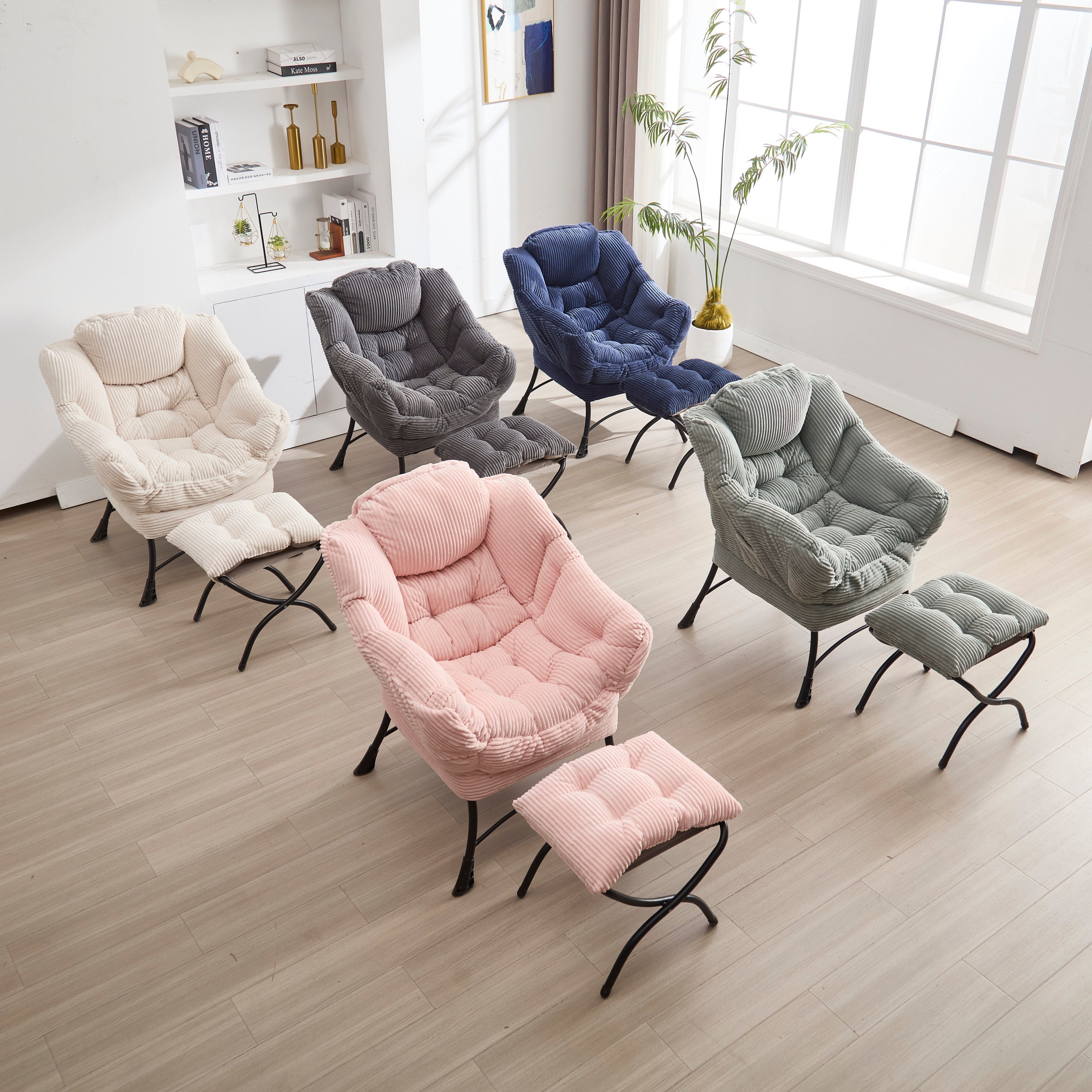 Lazy Chair with Ottoman, Modern Lounge Accent Chair with Armrests and a Side Pocket, Leisure Upholstered Sofa Chair Reading Chair with Footrest for Small Space, Corner Chair-White