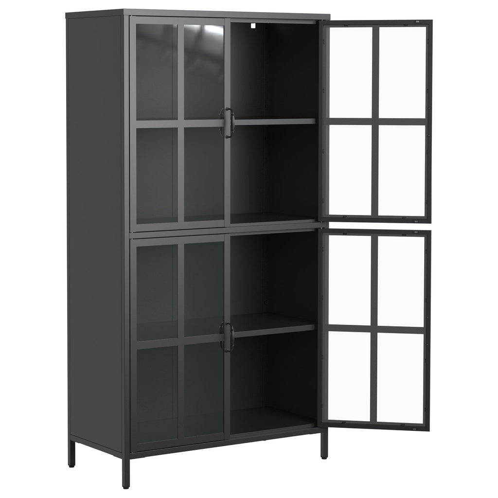 Premium Black Metal Storage Cabinet with Tempered Glass Doors, Adjustable Shelves, and Anti-Tipping Device