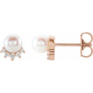 14K Rose Gold Cultured White Freshwater Cultured Pearl & .08 CTW Natural Diamond Earrings