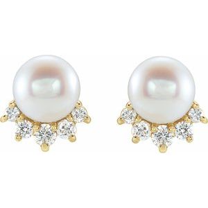 14K Yellow Gold Cultured White Freshwater Cultured Pearl & .08 CTW Natural Diamond Earrings – image 2