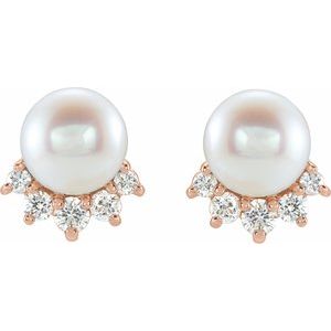 14K Rose Gold Cultured White Freshwater Cultured Pearl & .08 CTW Natural Diamond Earrings – image 2