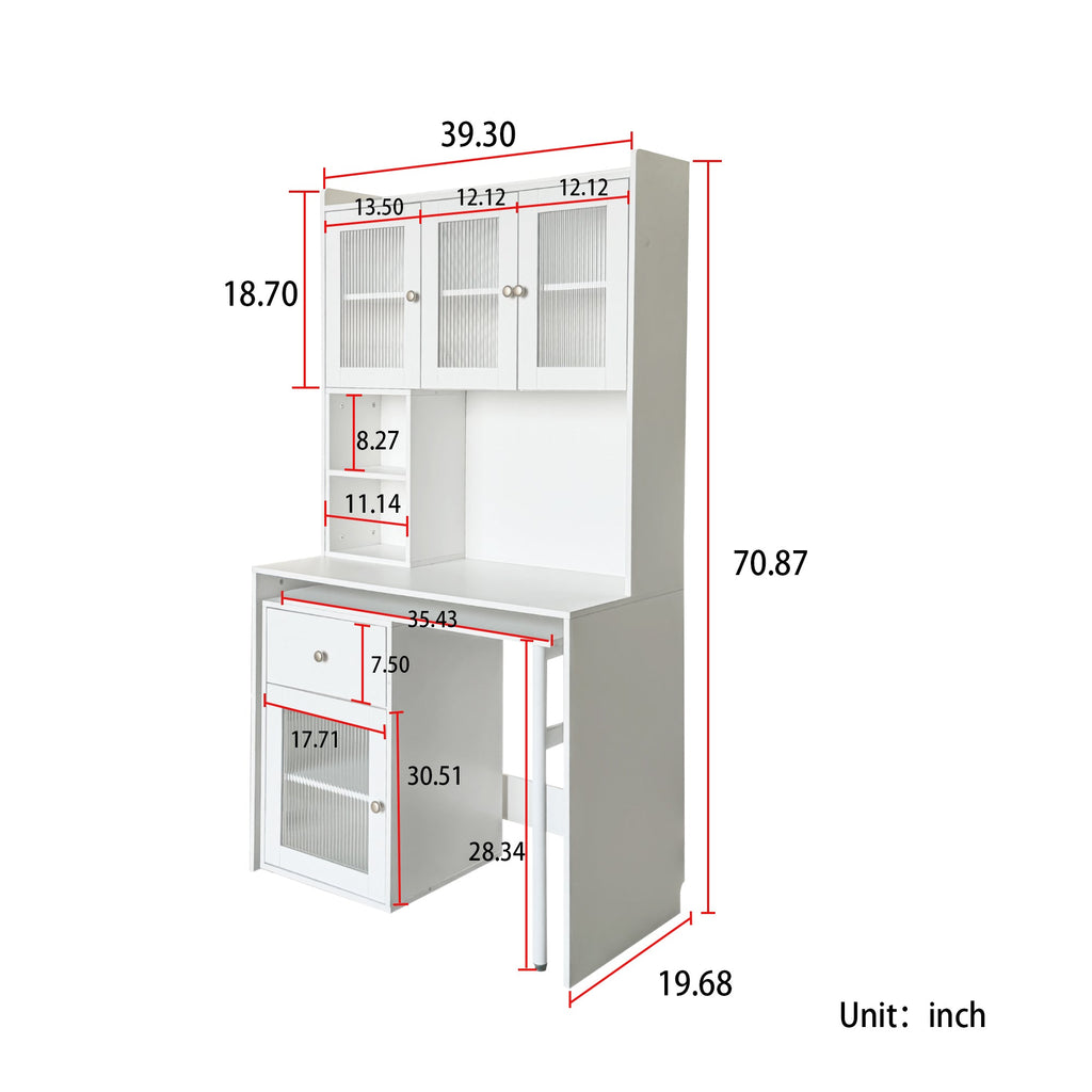 Computer Desk with glass door for Home Office or Study desk,  Bookshelf & Hutch, Computer Desk with 90 Degree Rotating Desktop,Large Working Space