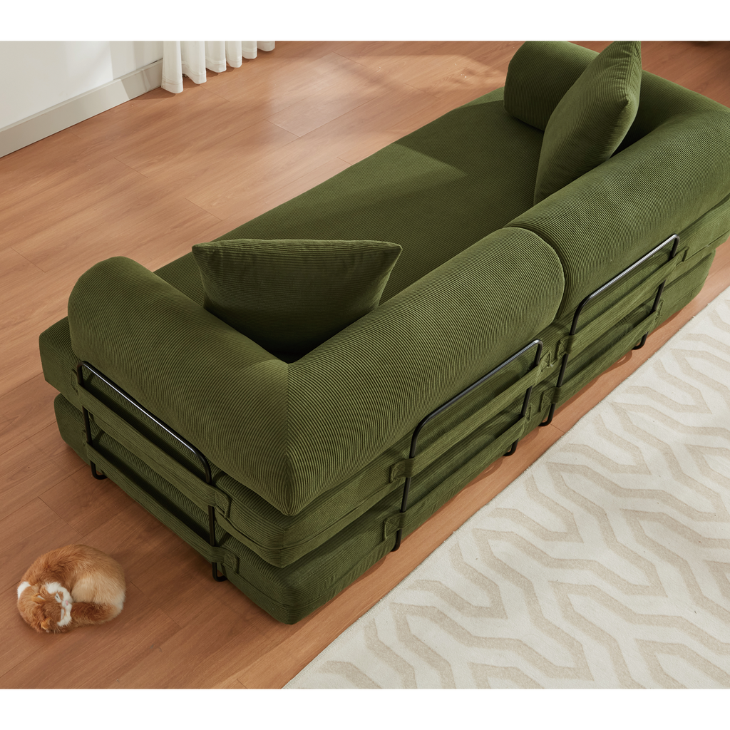 [NEW ARRIVED] [VIDEO PROVIDED] 78.5' Folding Convertible Out Sleeper Sofa Bed,4-in-1 DIY Combination Convertible  Sofa, 3 seat, Folding Sleeper Sofa, King Size , Bedroom,Apartment,Corduroy,Green