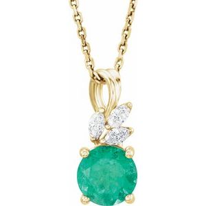 14K Yellow Gold Lab-Grown Emerald & 1/10 CTW Natural Diamond 16-18" Necklace