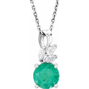 14K White Gold Lab-Grown Emerald & 1/10 CTW Natural Diamond 16-18" Necklace