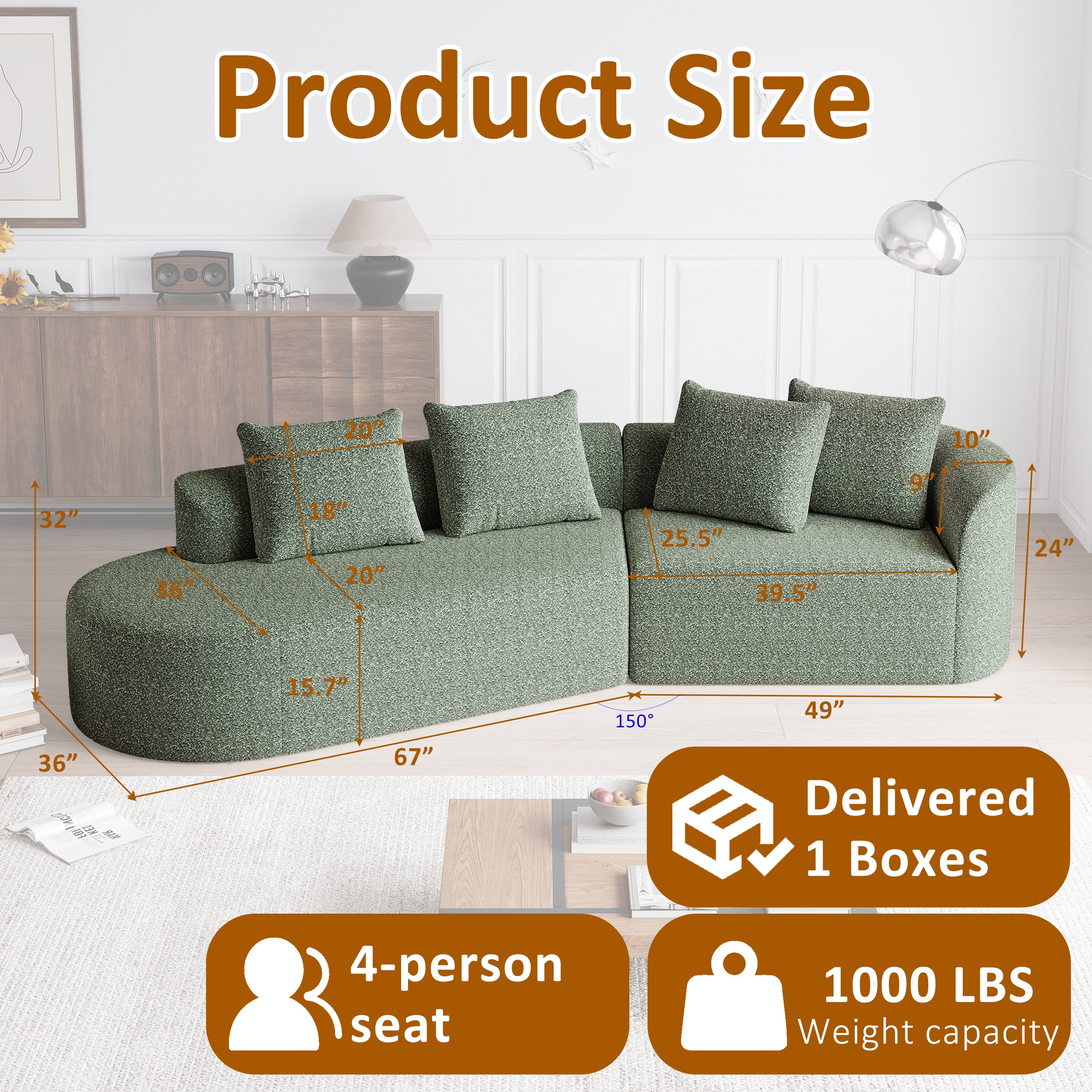 Modern Upholstered Oversized Sectional Sofa, 112-Inch Chenille 4-Seater Extra Deep & Wide Seat Curved Cloud Couch with 4 Throw Pillows, Free Combination Sofa Couch for Living Room,Bedroom