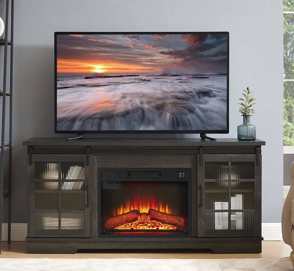 Multipurpose Sliding Door TV Stand Large Storage Cabinet with 2 Sliding Fluted Glass Doors, TV Up to 65'', TV Desk Storage Rack with 23' Fireplace TV Stand, Charcoal GREY, 59.13'W*15.94'D*27.8'H