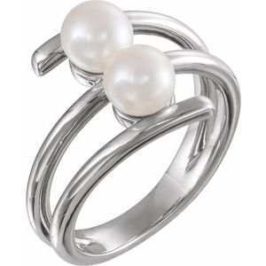 14K White Gold Cultured White Freshwater Pearl Two-Stone Ring