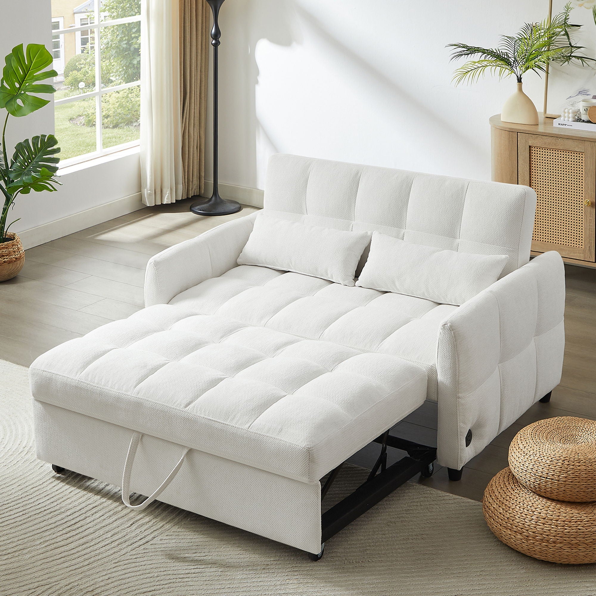 Loveseat Sofa Pull-Out Bed With Adjustable Backrest, 3 USB Ports And 2 Lumbar Pillows For Living Room