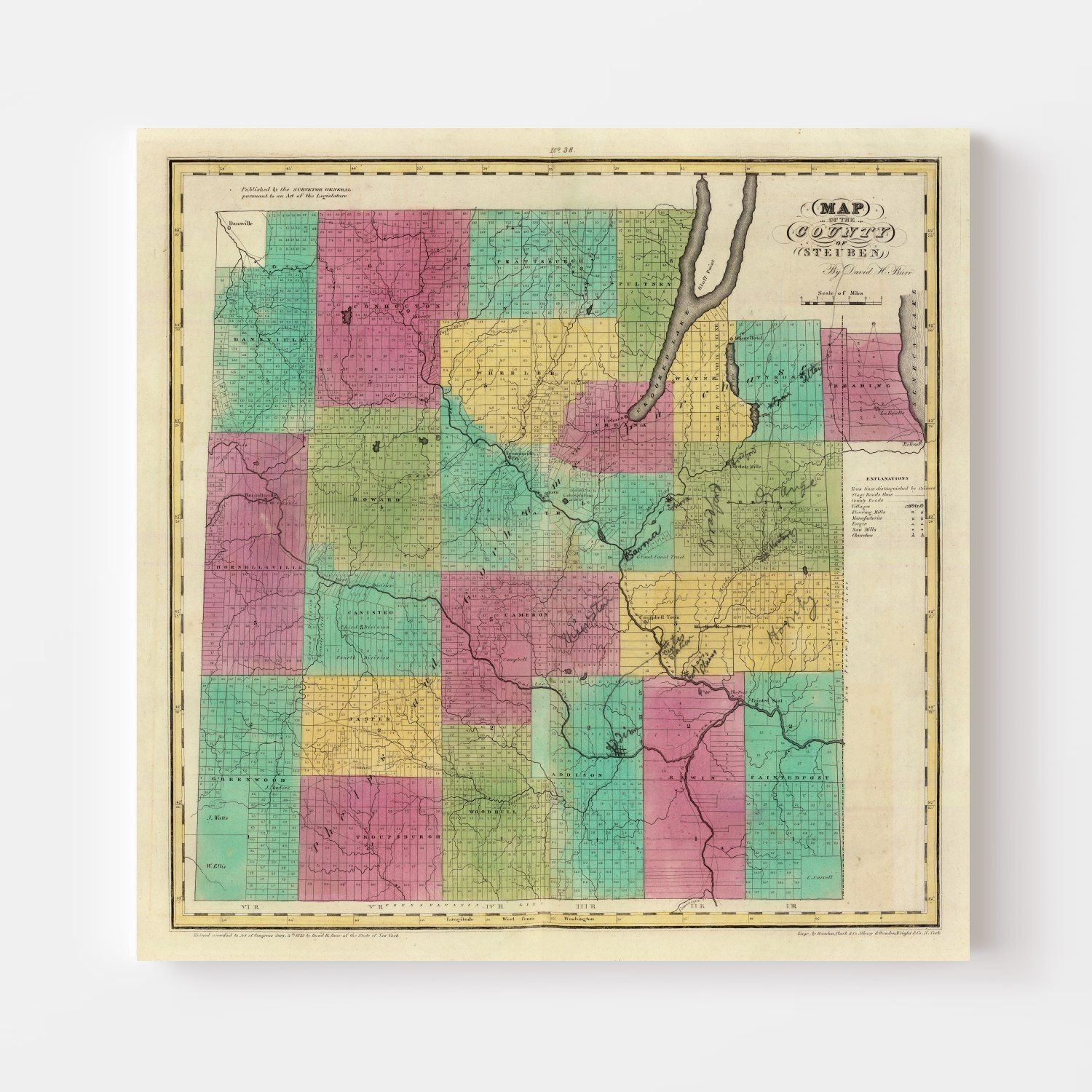 Vintage Map of Steuben County, New York 1829