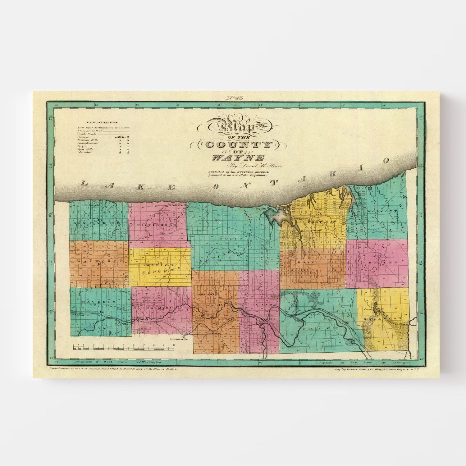 Vintage Map of Wayne County, New York 1829