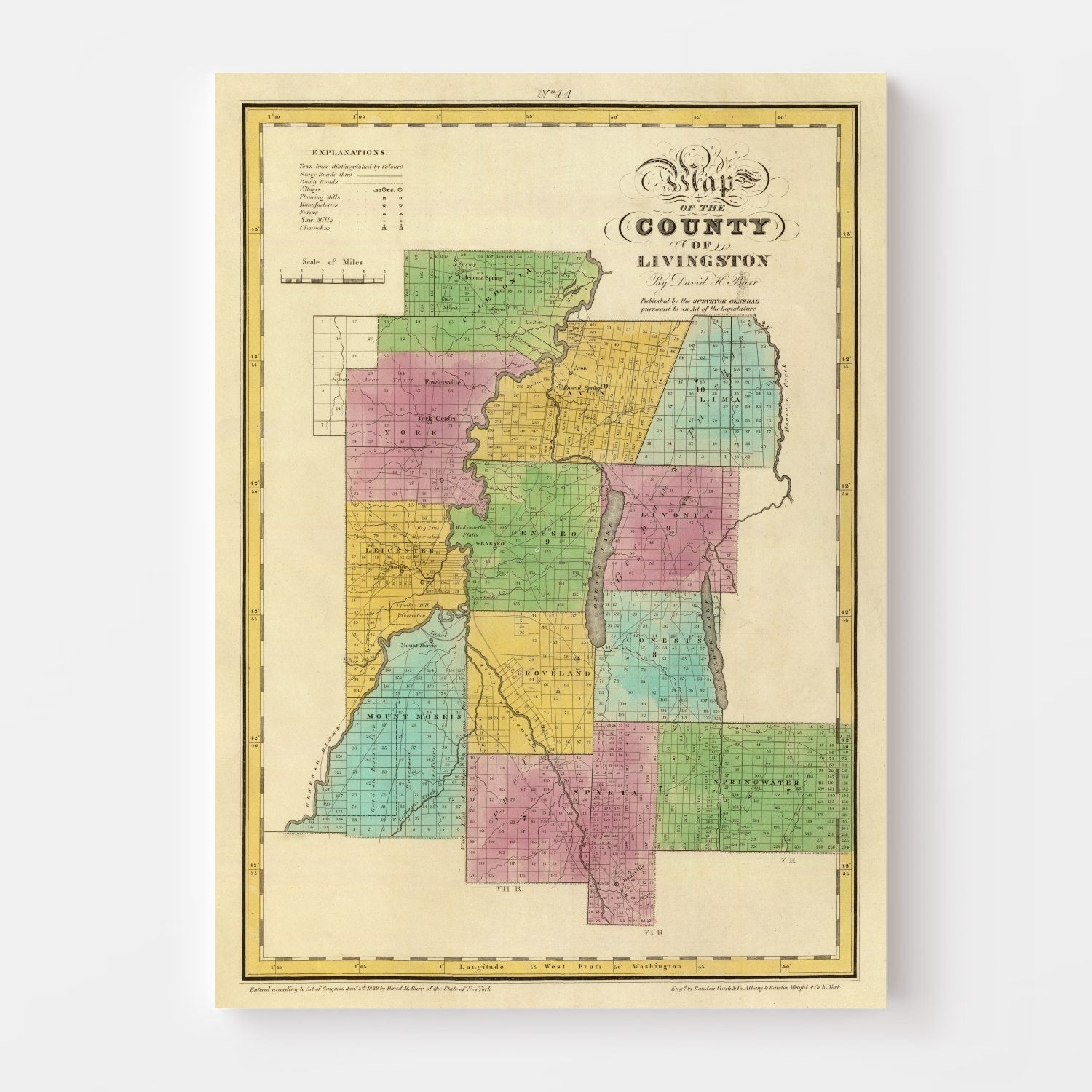 Vintage Map of Livingston County, New York 1829