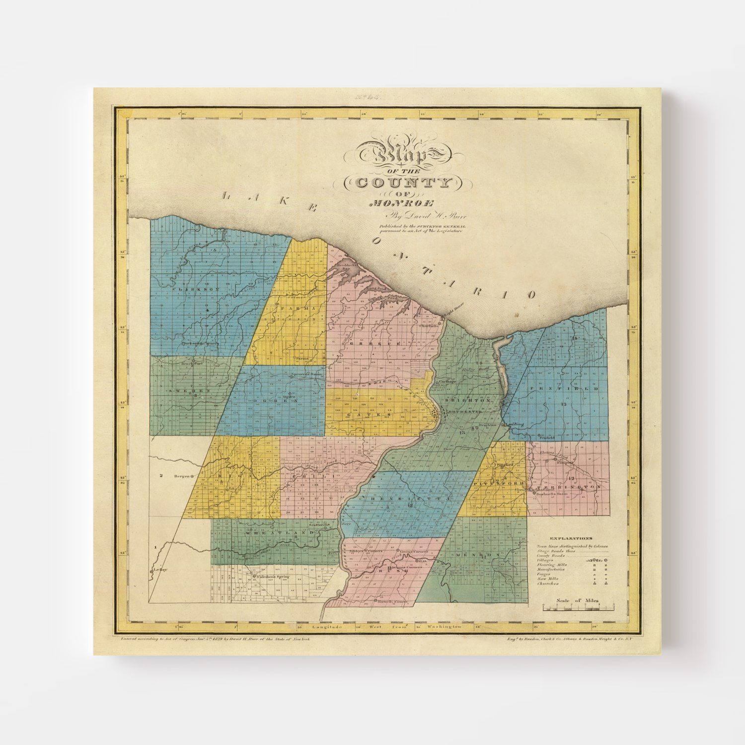 Vintage Map of Monroe County, New York 1829