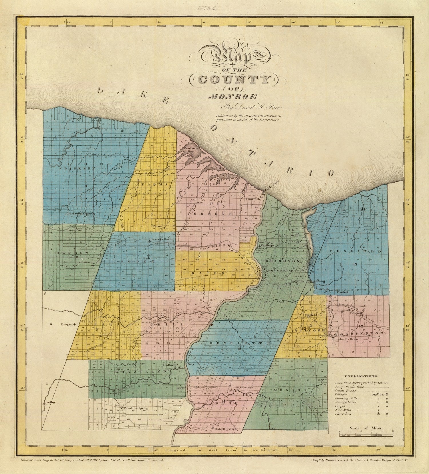 Vintage Map of Monroe County, New York 1829