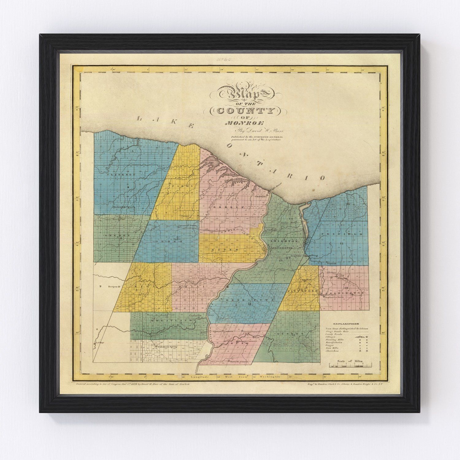 Vintage Map of Monroe County, New York 1829