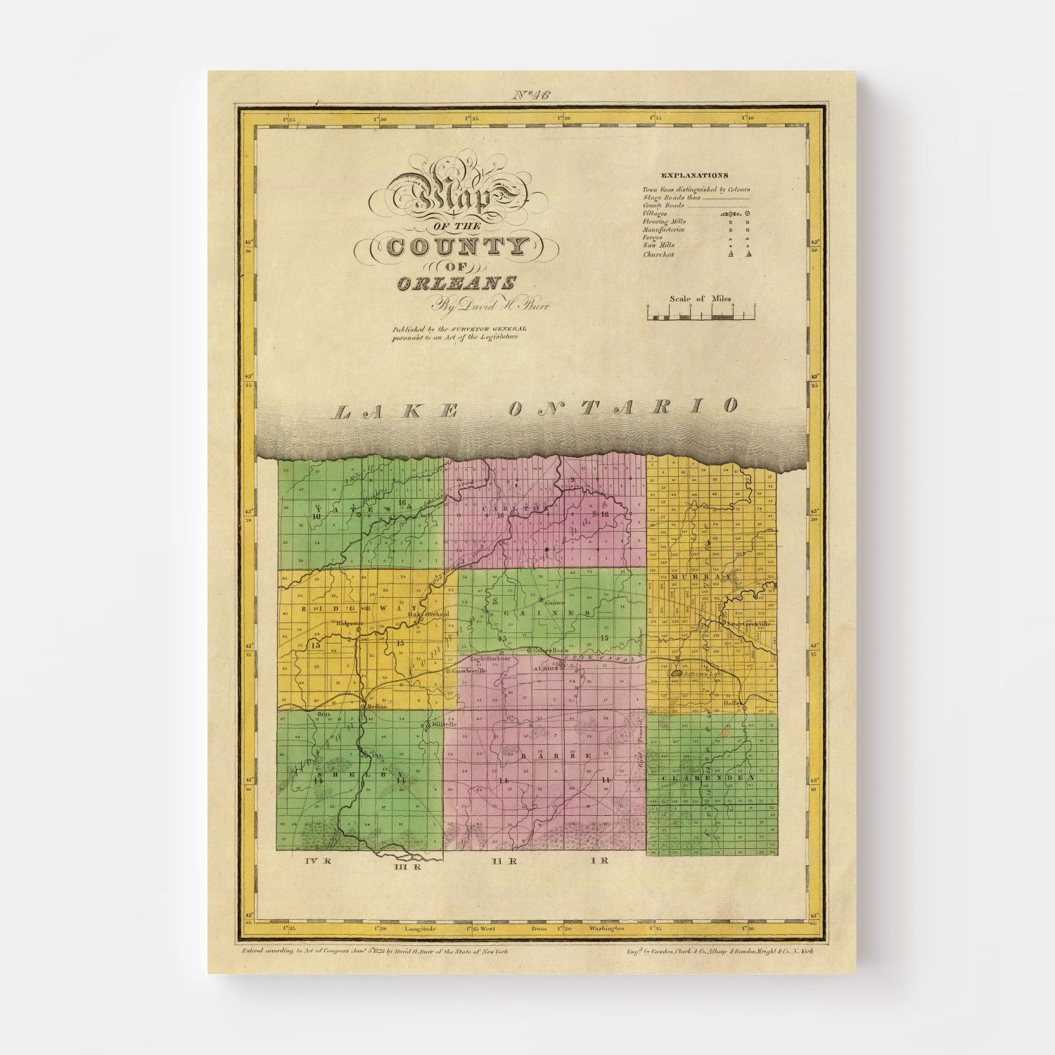 Vintage Map of Orleans County, New York 1829